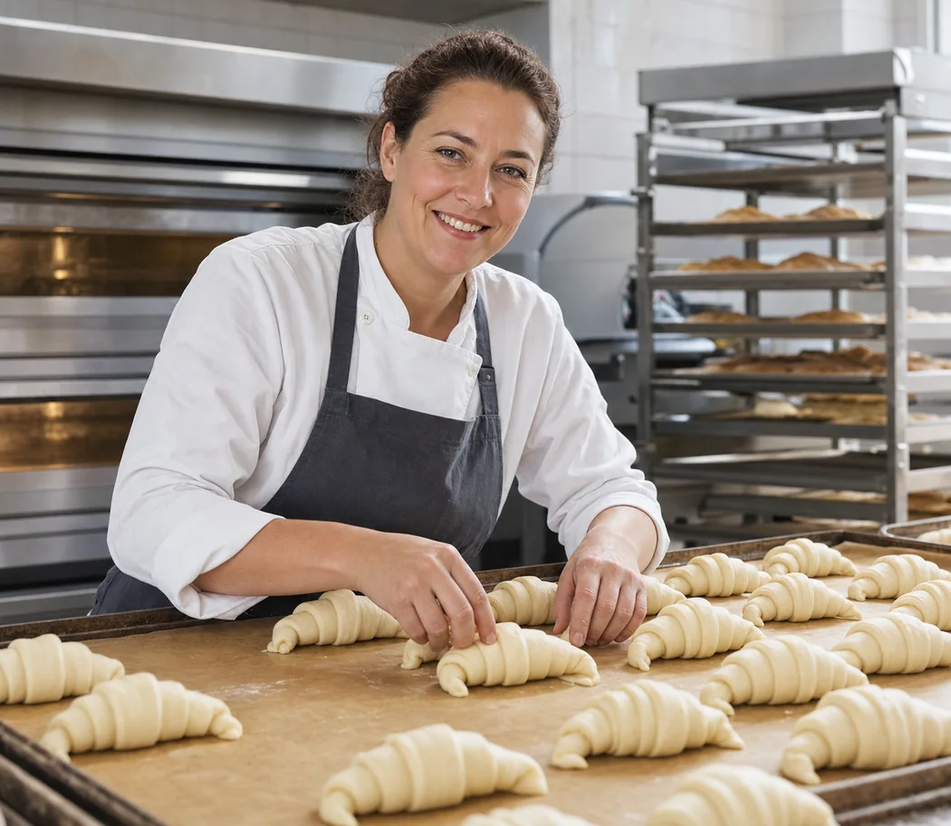 Freundliche Bäckerin mit Croissants auf BAKING Plus Backtrennpapier