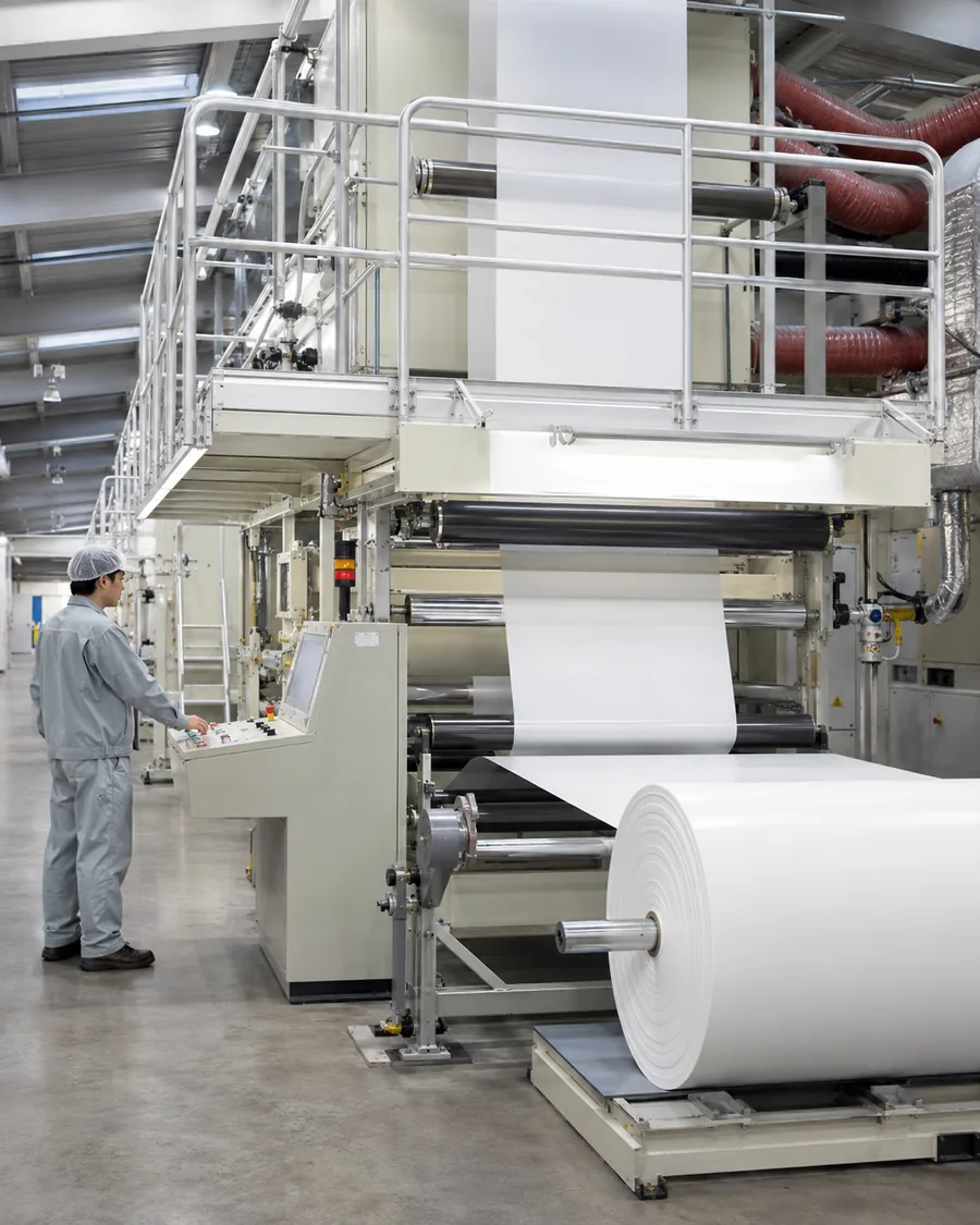 Pergamino vegetal blanco real en una instalación industrial de recubrimiento de silicona