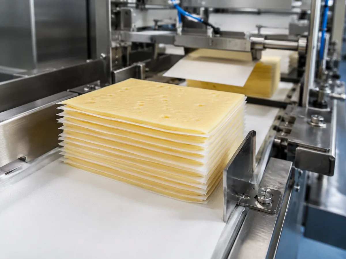 Felii de brânză cu căptușeală de hârtie antiaderentă în prelucrare industrială