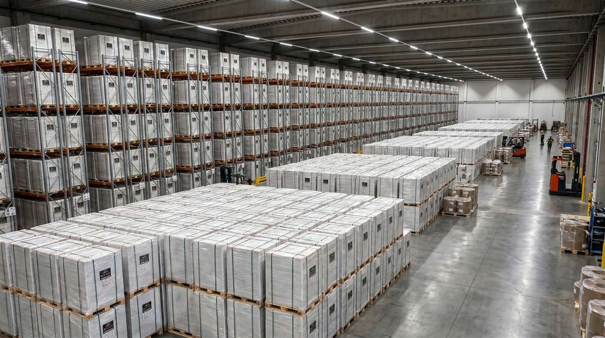 Palettierte Papierware in einem Logistikzentrum für planbare Retail-Belieferung